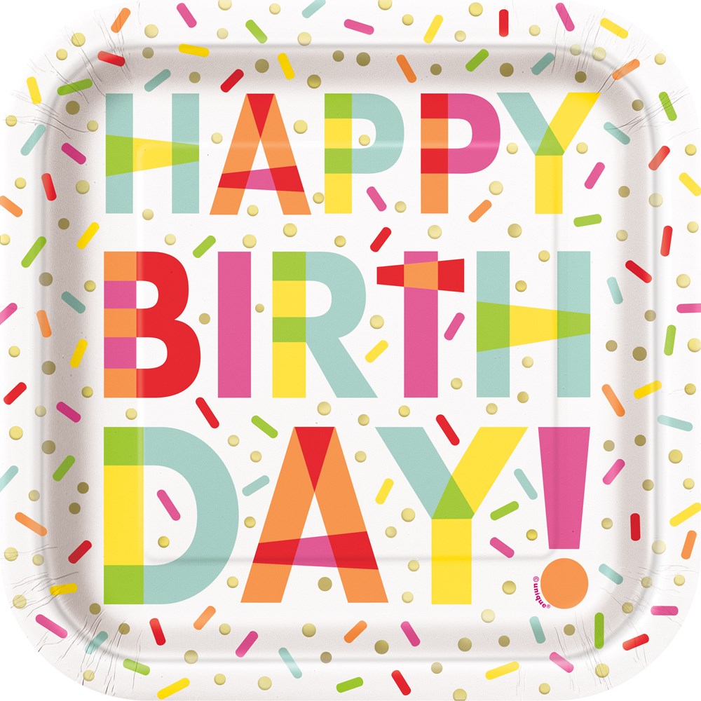 Square white paper plate with colorful "Happy Birthday!" text and multicolored confetti sprinkles around the edges.