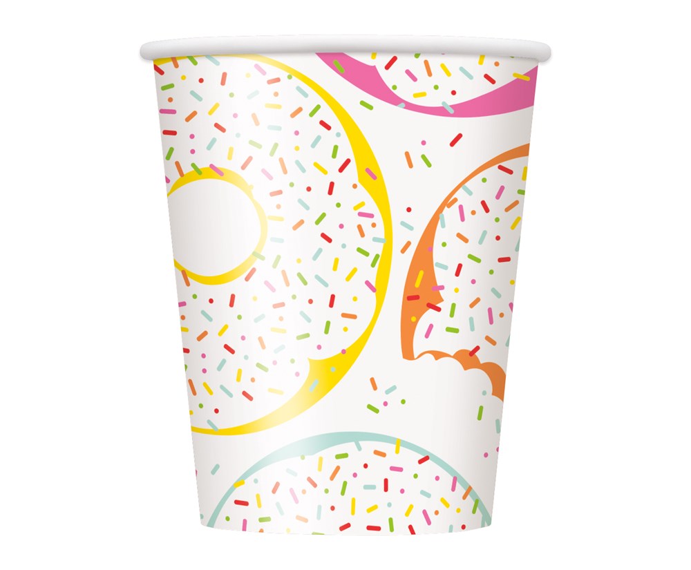 White paper cup with colorful sprinkled donut illustrations, 9oz size, party-themed design.