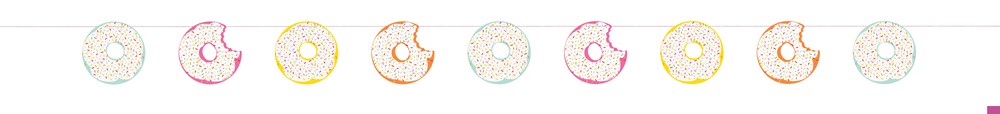 7ft donut-themed cut out banner with pink, brown, yellow, and white frosted donuts for birthday party decoration.