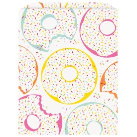 White paper loot bag decorated with colorful sprinkled donuts, some with bites taken out, bright pink, yellow, and blue.