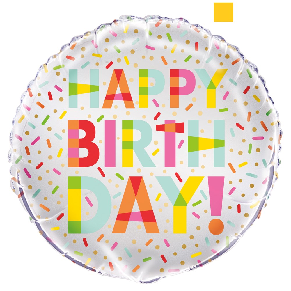 18-inch round foil balloon with colorful "Happy Birthday!" text and multicolored sprinkle pattern on white background.
