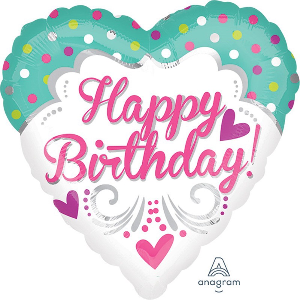Heart-shaped foil balloon with teal top and multicolored polka dots, white center with pink "Happy Birthday!" script and.