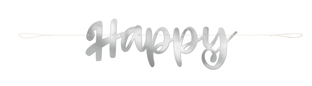 Silver foil banner with cursive script spelling "Happy" on white string.