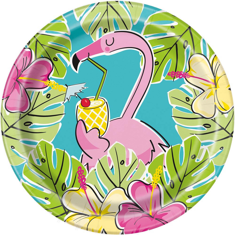 7-inch round paper plate with pink flamingo sipping pineapple drink on blue background, surrounded by green tropical leaves.