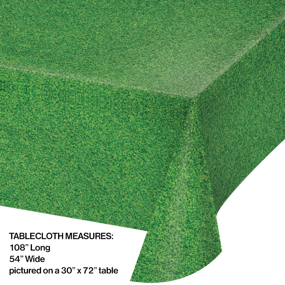 Green tablecloth with grass-like texture designed to cover rectangular tables 54 by 108 inches.