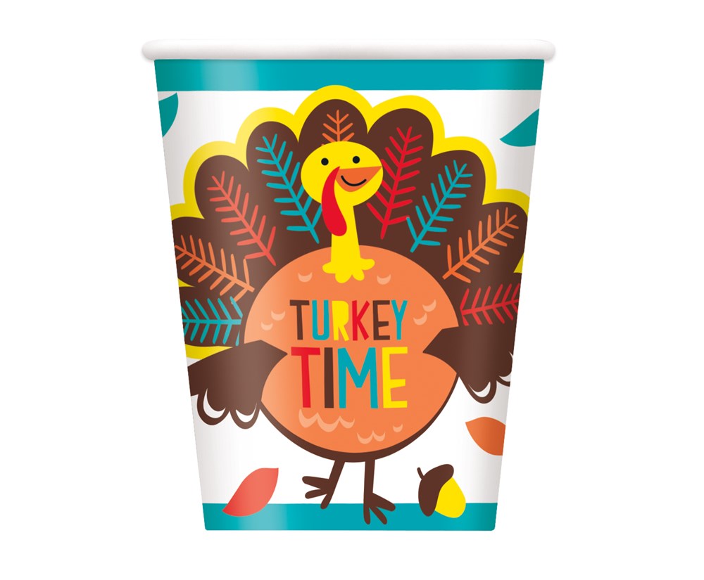 White disposable cup with colorful cartoon turkey and "Turkey Time" text, autumn leaves background.