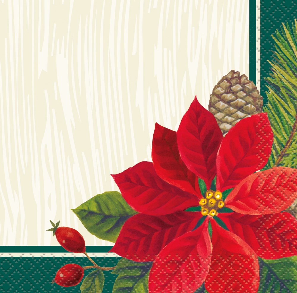 Square beverage napkin with red poinsettia, pine cone, green foliage, and red berries on cream background with green border.
