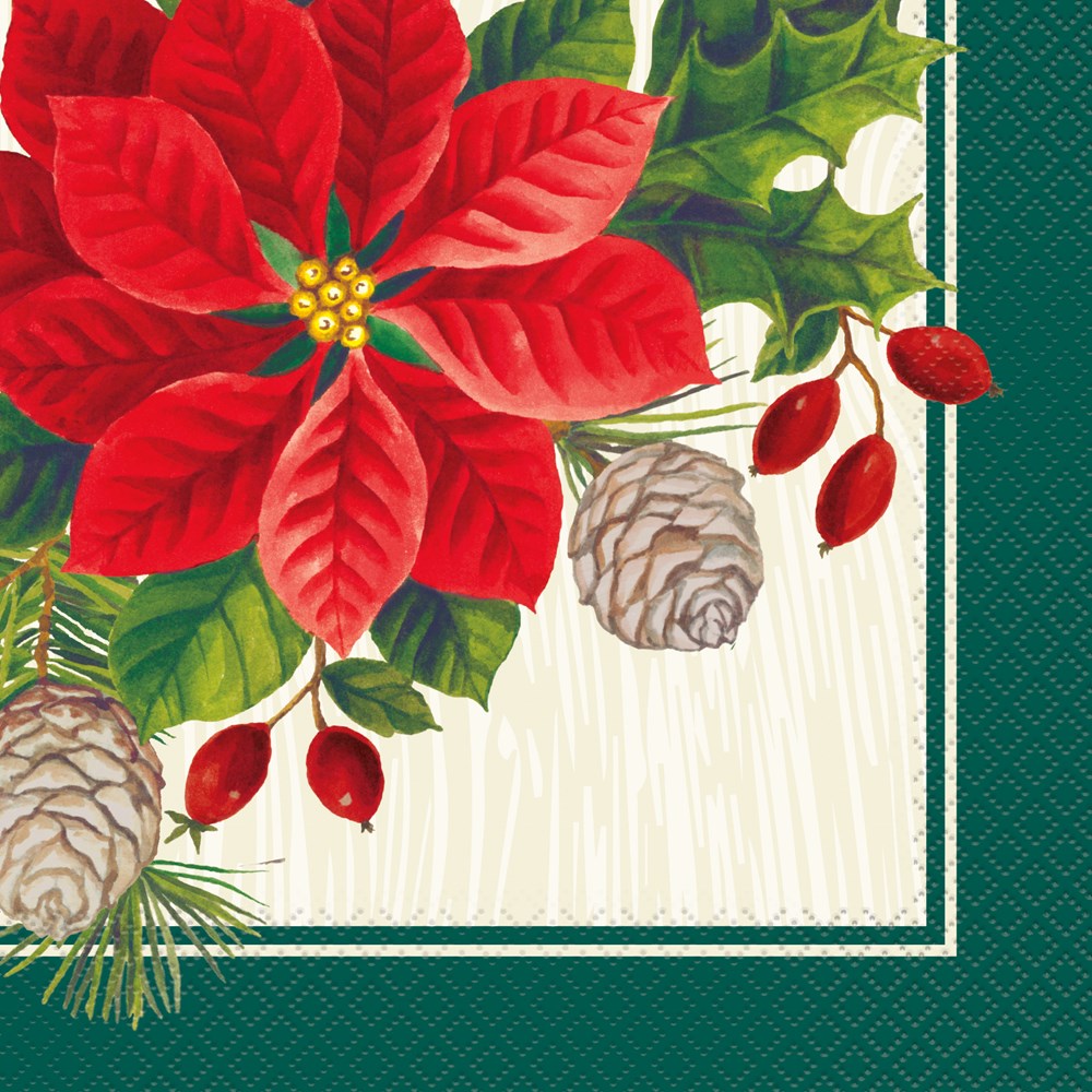 Christmas napkin with large red poinsettia, green holly leaves, pine cones, and red berries on cream background with green.