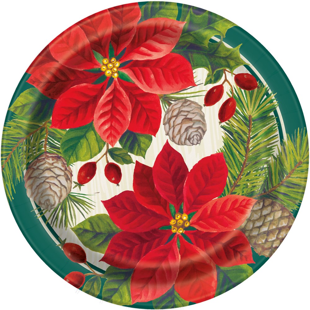Round 7-inch paper plate with red poinsettias, green pine branches, pine cones, and red berries on a dark green rim.
