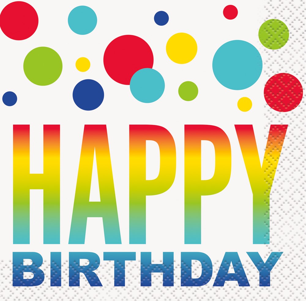 Colorful round spots scattered above large gradient "HAPPY BIRTHDAY" text on white beverage napkin.
