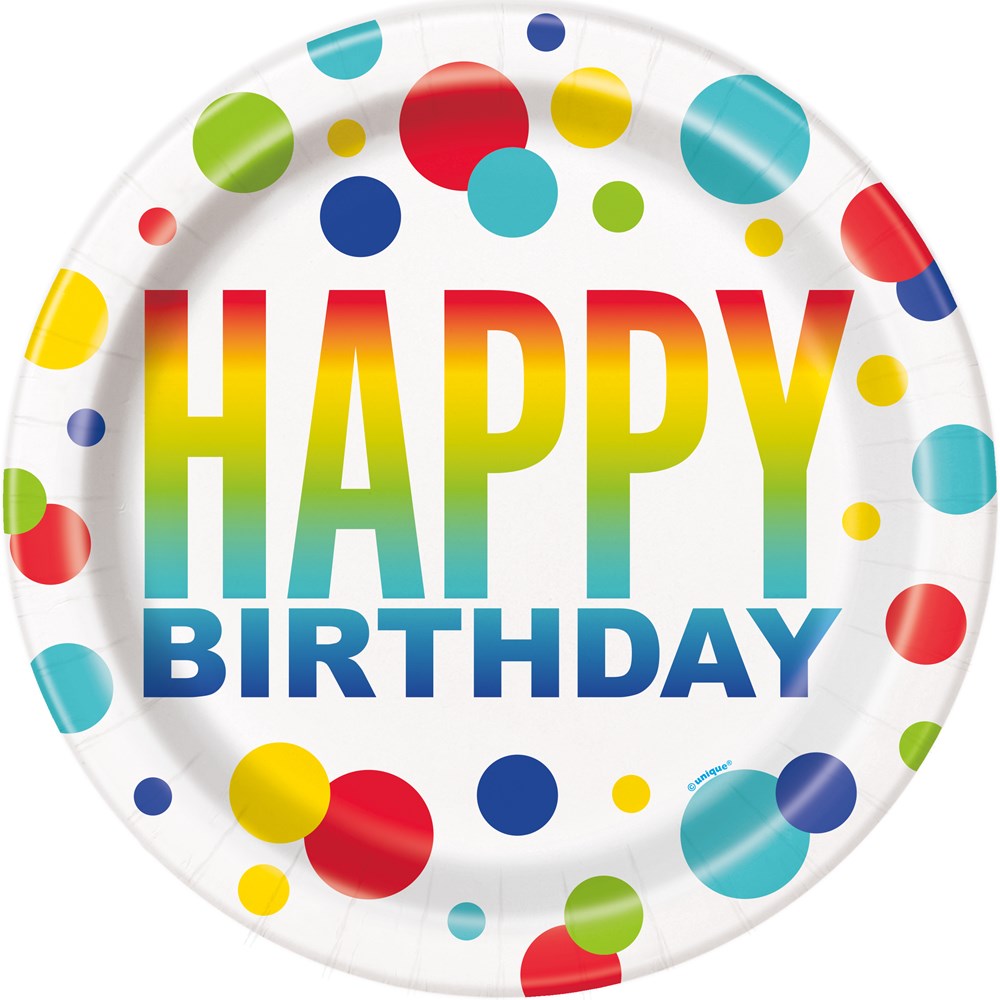 9-inch round paper plate with colorful rainbow polka dots and bold "Happy Birthday" text in gradient colors.