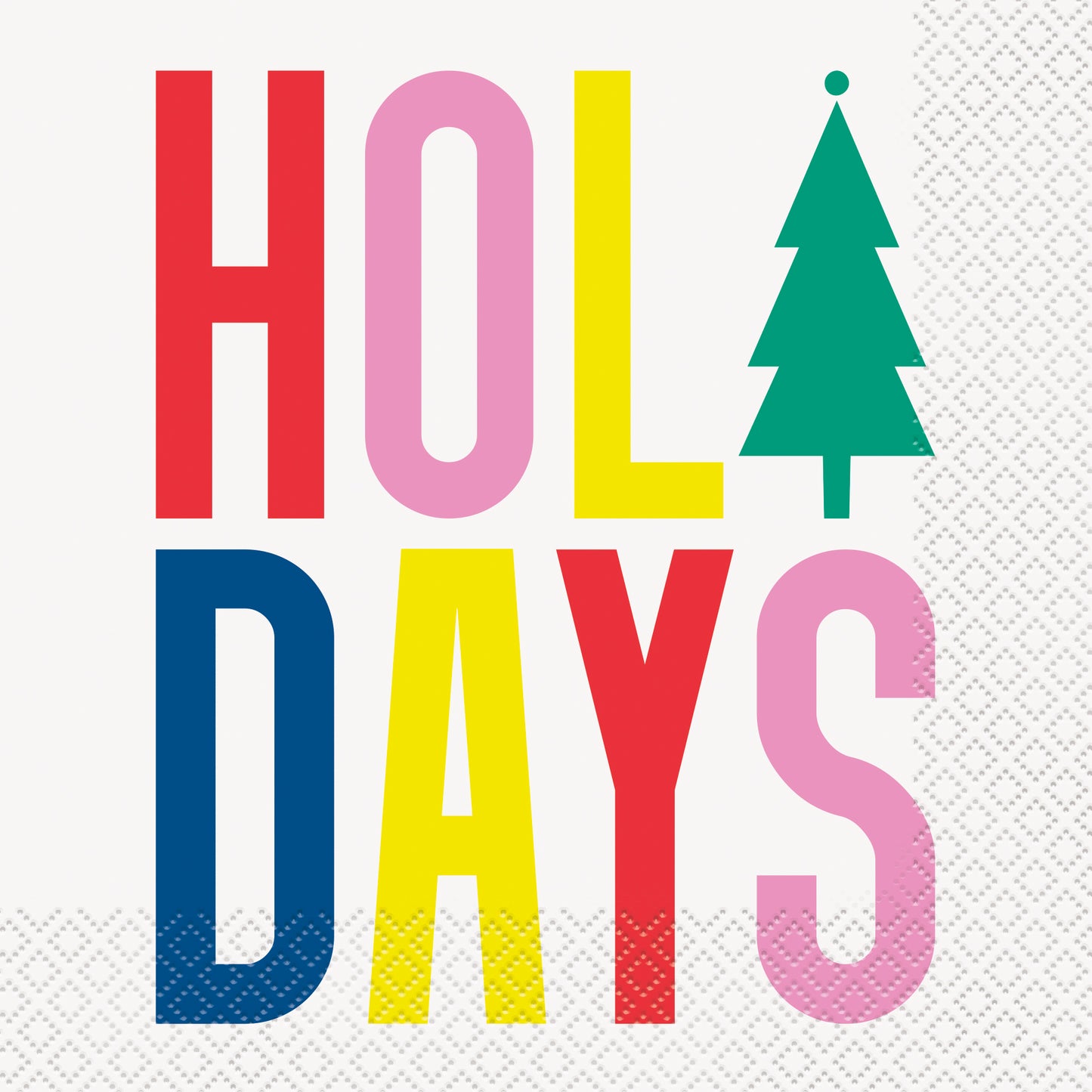 Christmas lunch napkin with colorful block letters spelling "HOLIDAYS" and a green Christmas tree icon on white background.