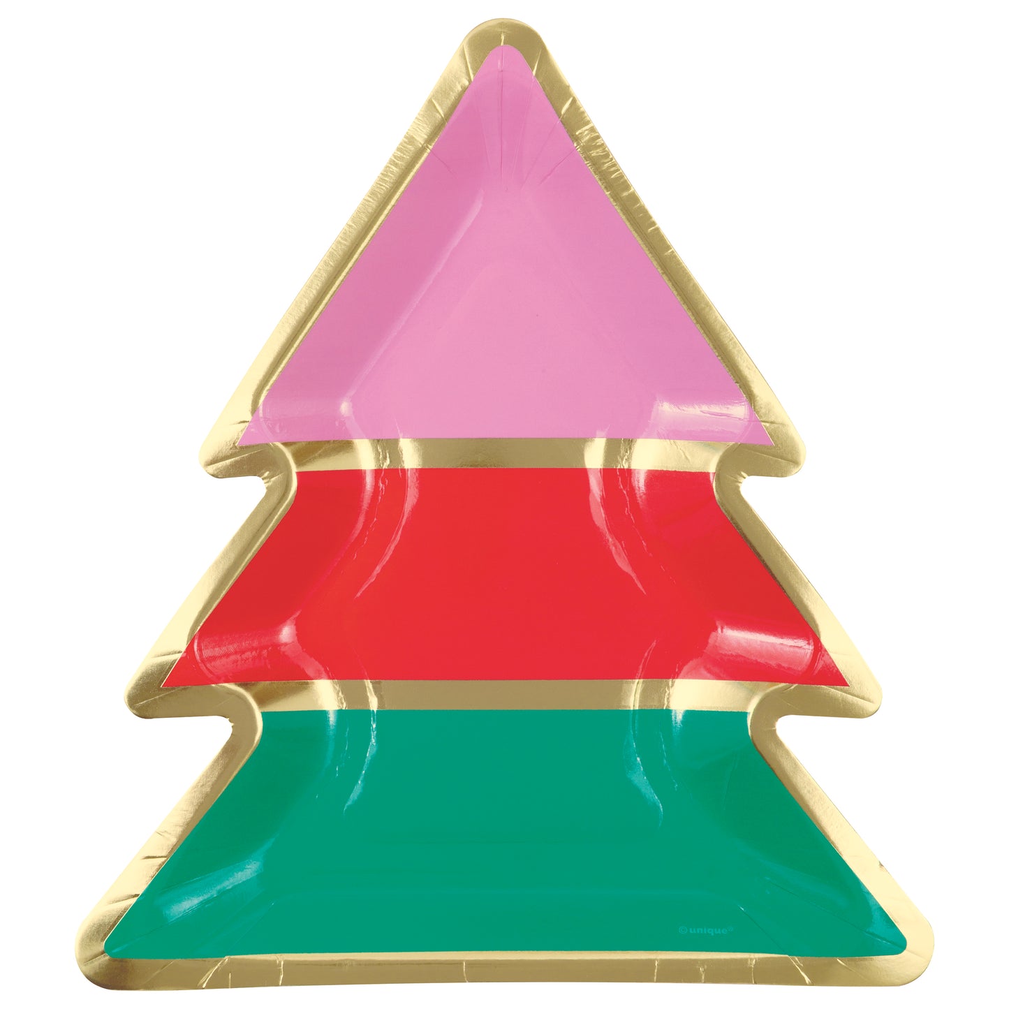 Christmas tree-shaped plate with pink, red, and green sections, gold trim, glossy finish.