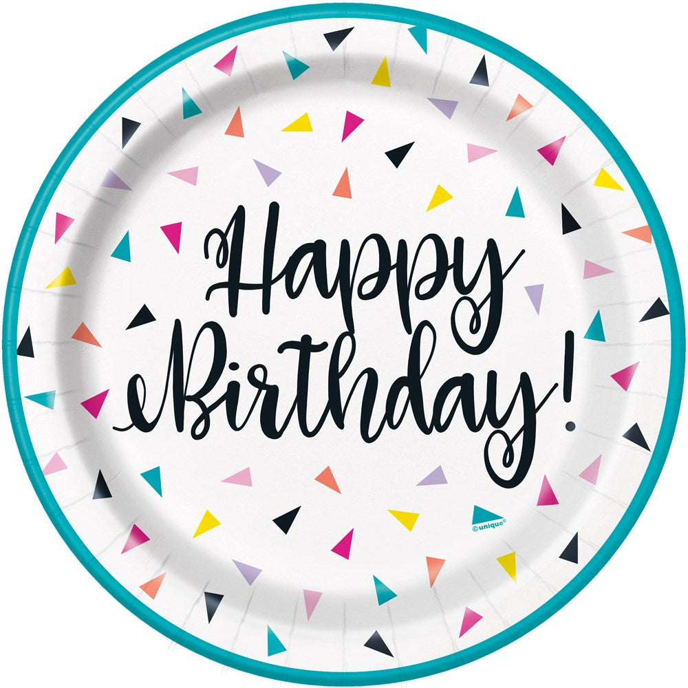 Round white paper plate with blue rim, scattered multicolored confetti triangles, and "Happy Birthday!" in black script font