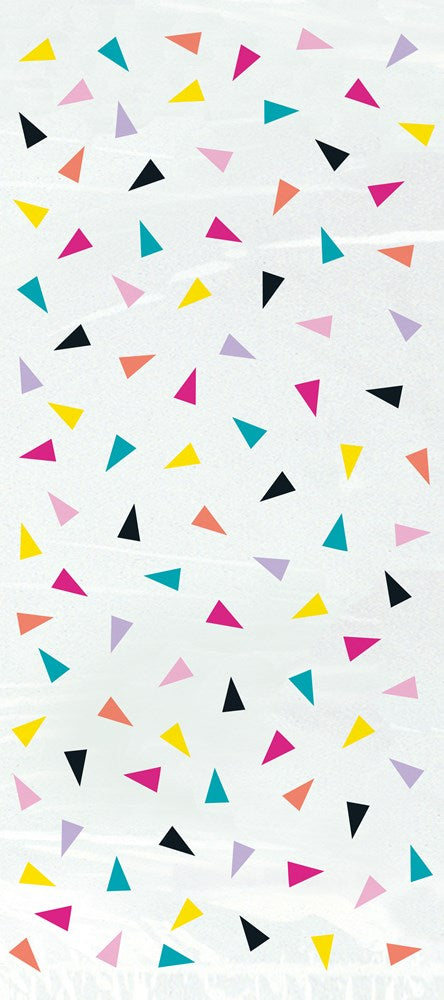 Clear cello bag with colorful triangular confetti pattern in pink, yellow, blue, and black, 5x11 inches.