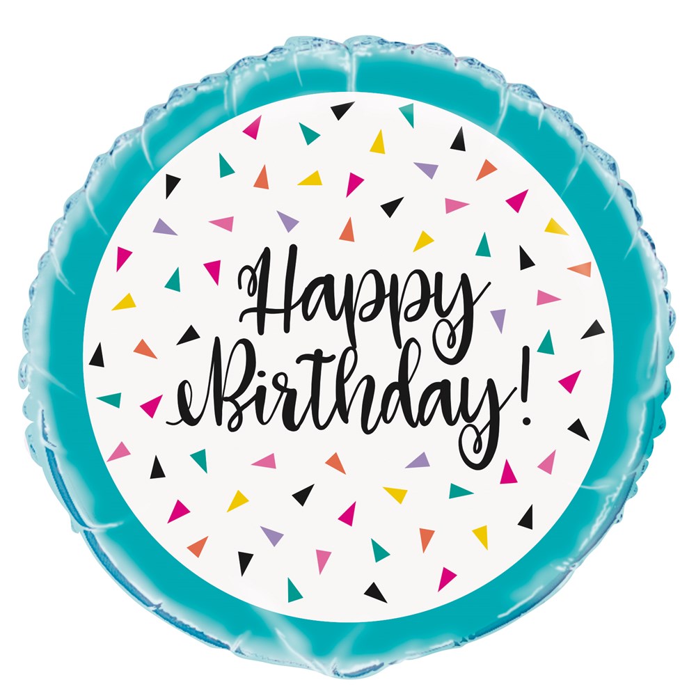 18-inch round foil balloon with teal border, white center, colorful triangle confetti, and "Happy Birthday!" text in black.