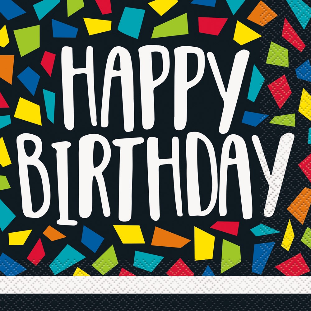 Black birthday napkin with large white "Happy Birthday" text and colorful confetti shapes around edges.