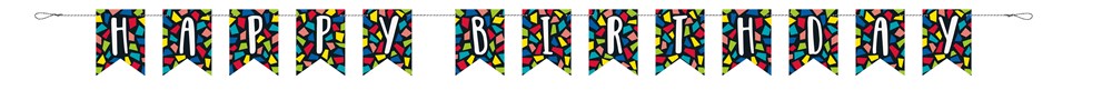 9ft birthday pennant banner with colorful letters spelling "Happy Birthday" on yellow triangular flags with polka dots.