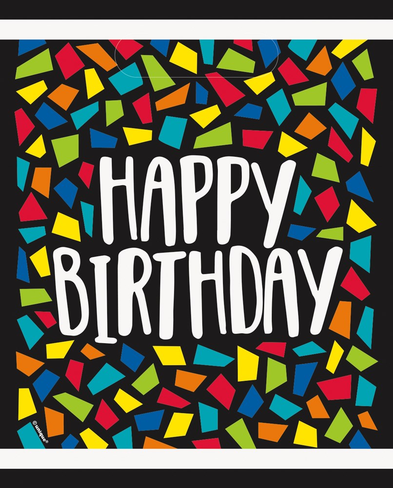 Black loot bag with colorful confetti shapes and white "Happy Birthday" text in playful font.