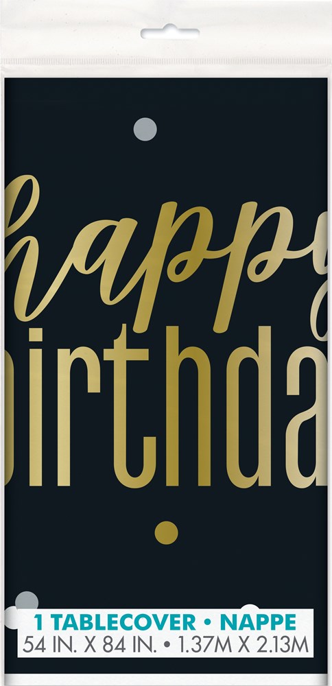 Black plastic tablecover with large gold metallic "happy birthday" text and small gold dots, 54x84 inches.