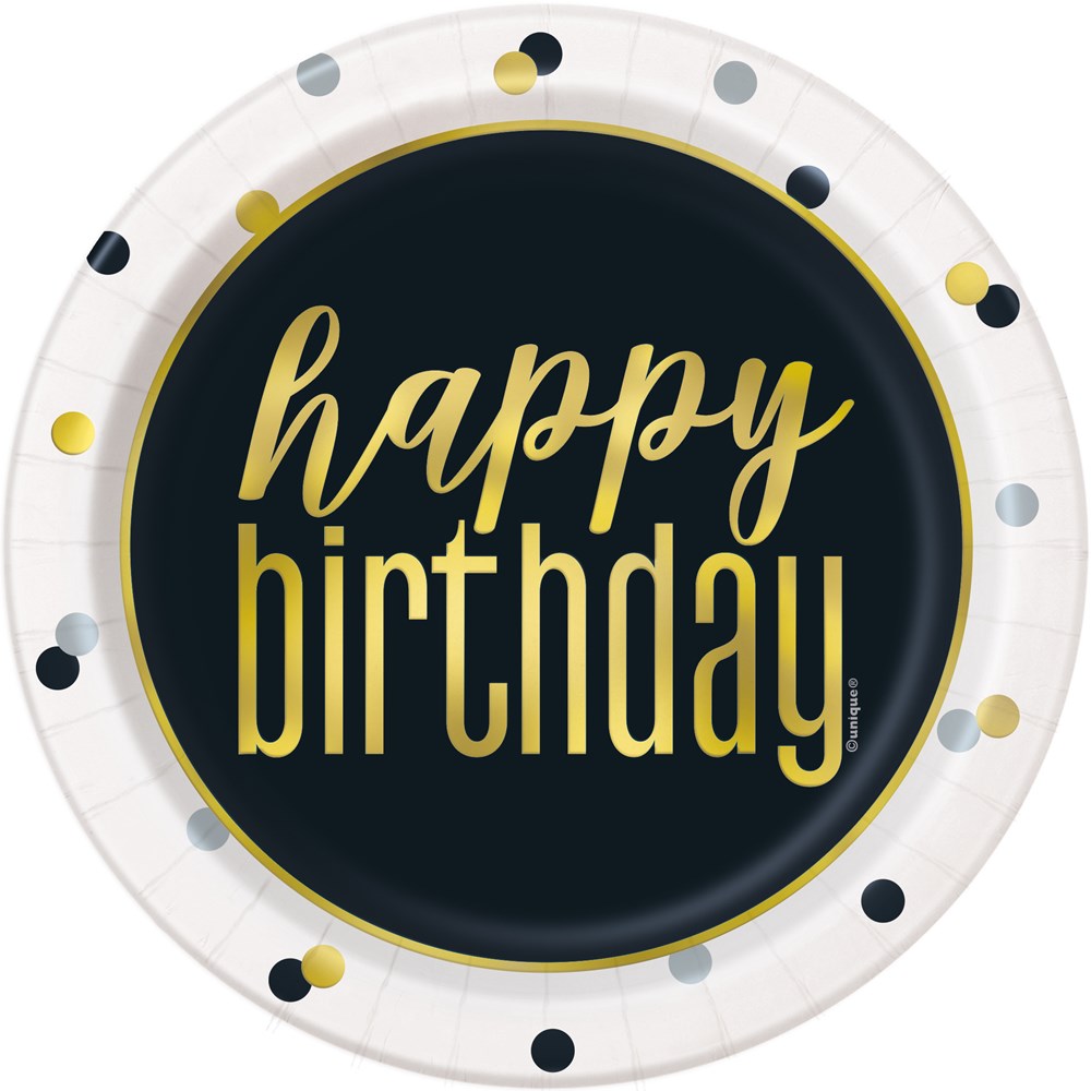 Round small paper plate with black center and gold "happy birthday" text, white border with black, gold, and silver confetti