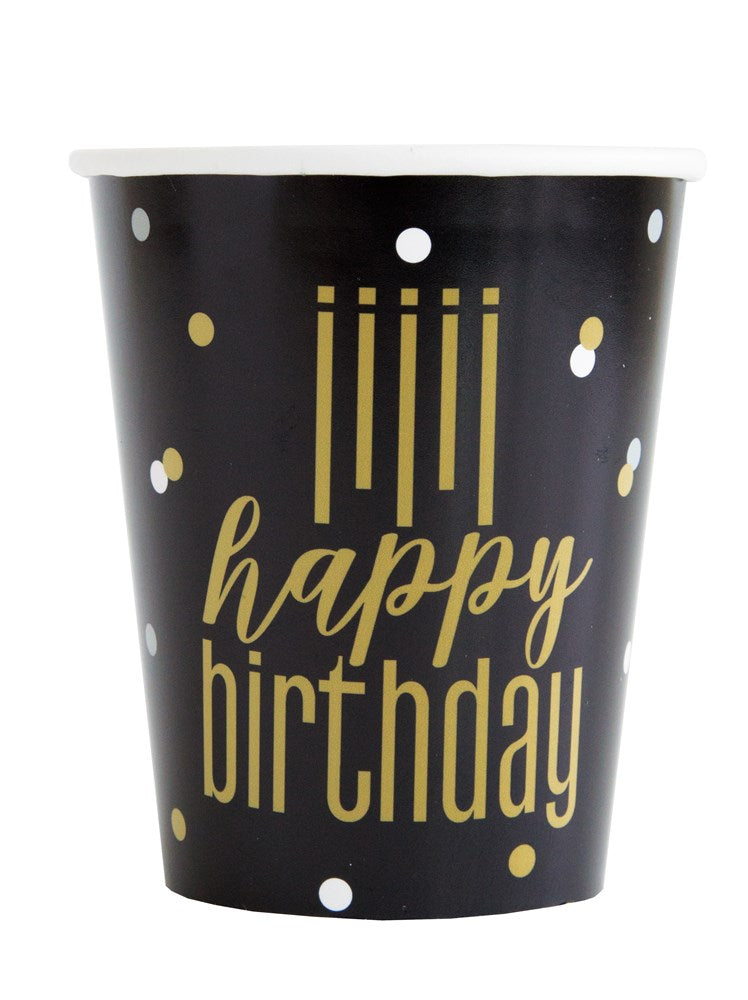 Black metallic party cup with gold "happy birthday" text and white and gold confetti dots, 9 oz.