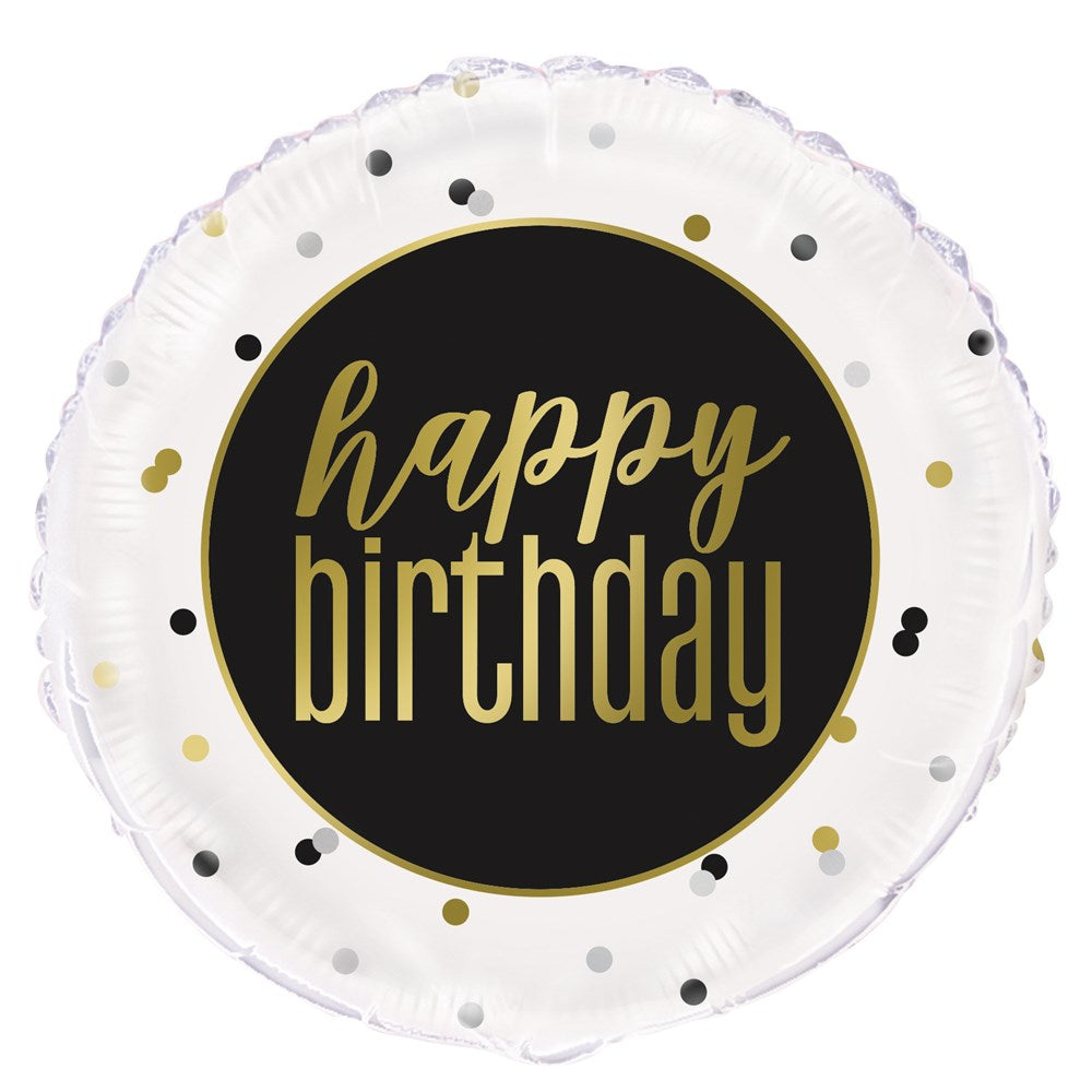 Round metallic foil balloon with white background, black circle center, and gold text saying "happy birthday" surrounded by.