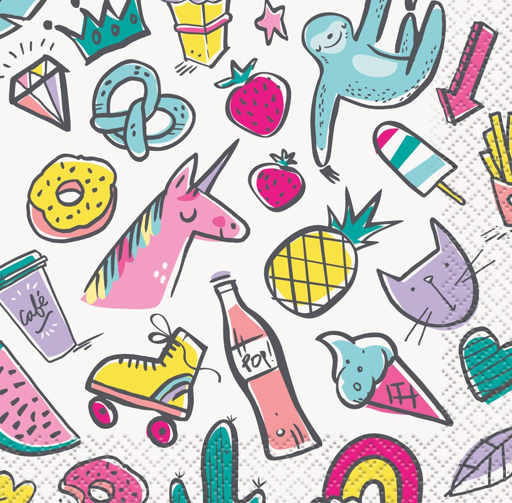 Square white paper napkins with colorful playful illustrations of unicorns, pineapples, ice cream, donuts, roller skates,.