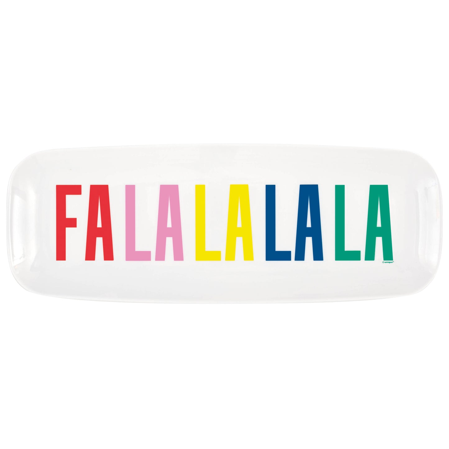 White rectangular plastic serving tray with colorful "FALALALALA" text in red, pink, yellow, blue, and green.