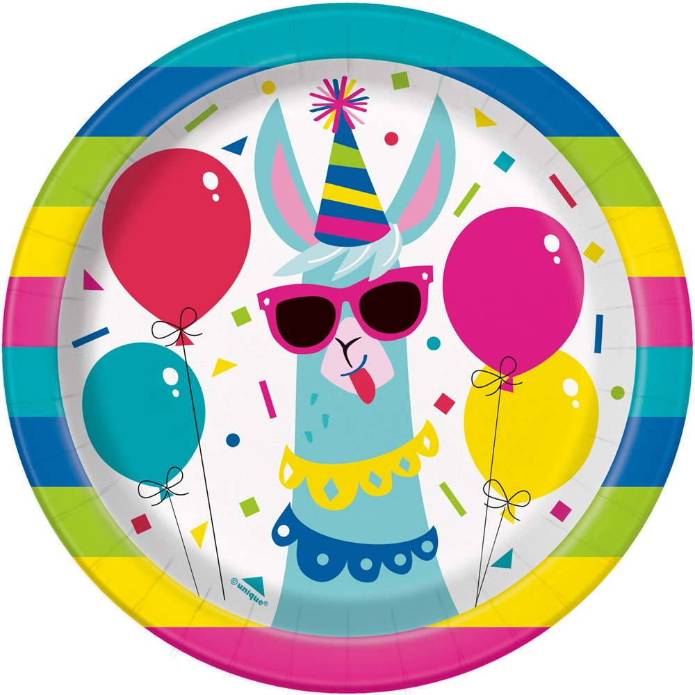 Round birthday plate with colorful llama wearing party hat and sunglasses, holding balloons, bright striped border.