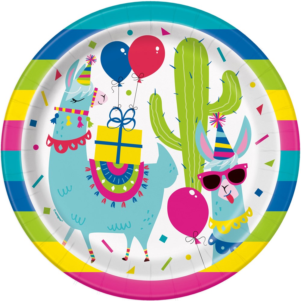 Round paper plate with colorful striped border, featuring two party llamas—one carrying balloons and a gift, the other.
