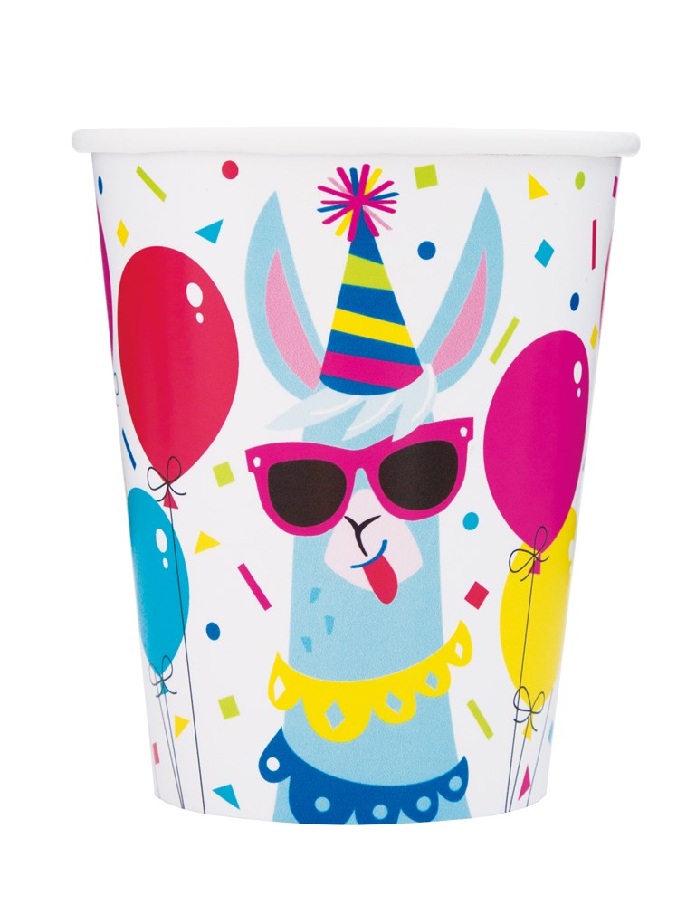White paper cup with colorful llama wearing sunglasses and party hat, surrounded by bright balloons and confetti.