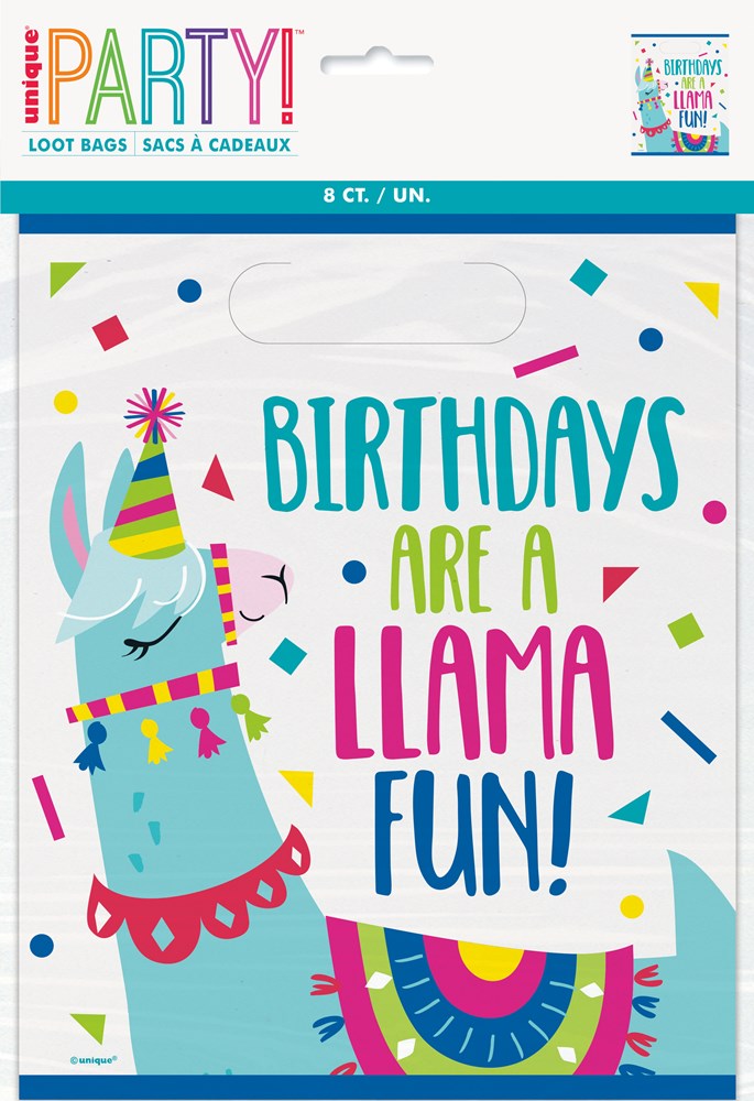 Reusable party loot bag with colorful llama wearing a birthday hat and tassels, text "Birthdays Are A Llama Fun!".