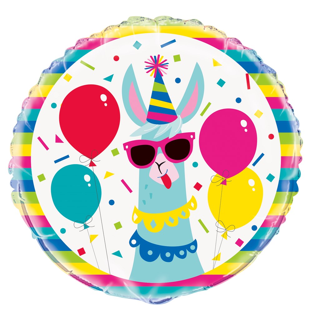 Round foil balloon featuring a blue llama wearing a party hat and sunglasses, surrounded by colorful balloons and confetti,.