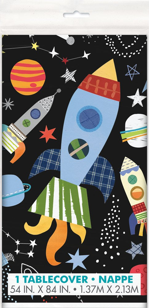 Black rectangular tablecover with colorful rockets, planets, stars, and space-themed illustrations.