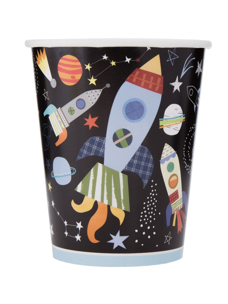 9oz paper cup with colorful rockets, planets, stars, and space-themed illustrations on a black background.
