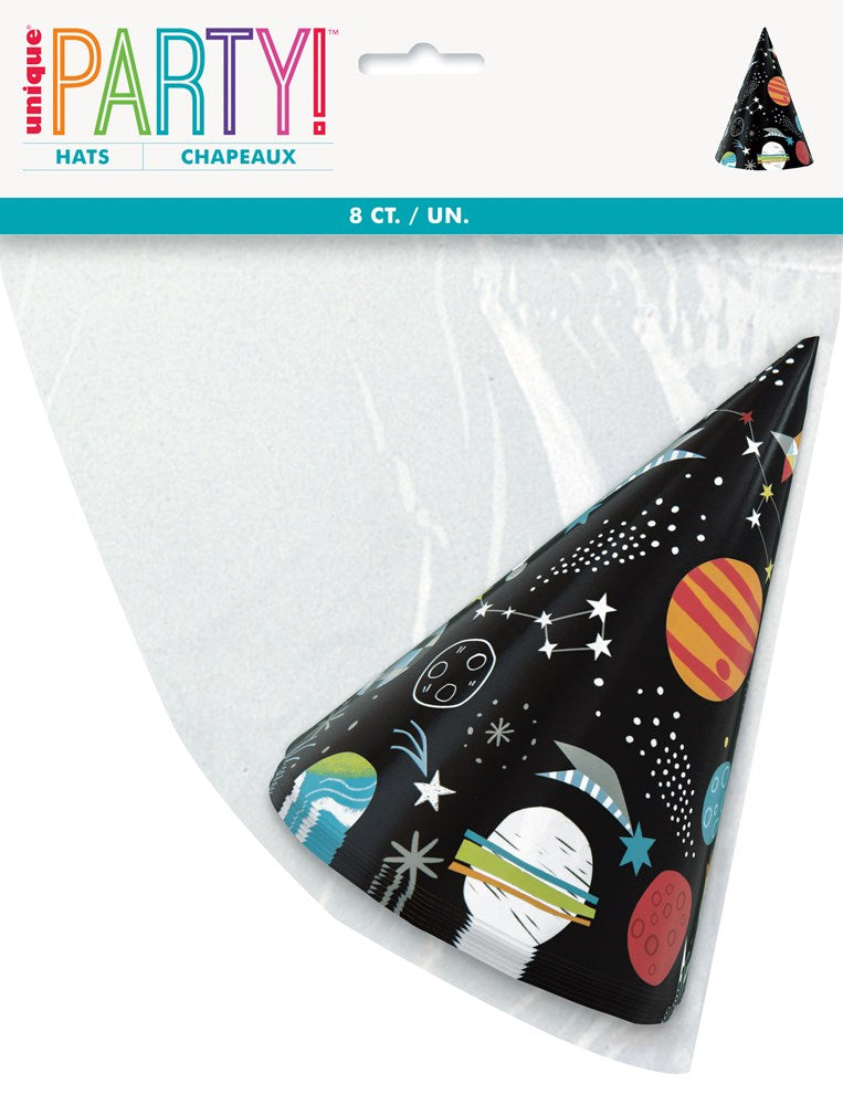 Black cone party hats with colorful outer space designs including planets, stars, rockets, and astronauts, 8 count.