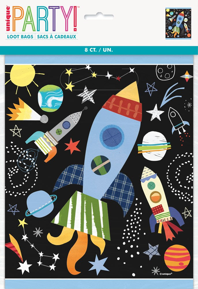 Black square loot bags with colorful cartoon rockets, planets, stars, and space elements printed on them.