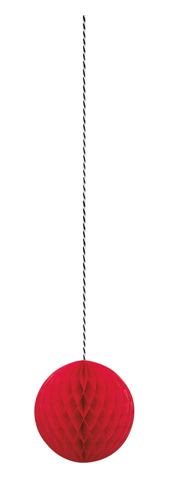 Red honeycomb paper ball hanging decoration with twisted silver string.