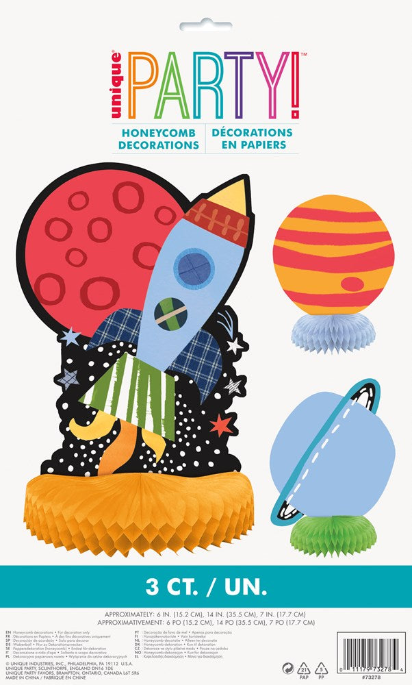 Set of three colorful outer space-themed honeycomb paper centerpieces featuring a blue rocket, red planet, and orange.