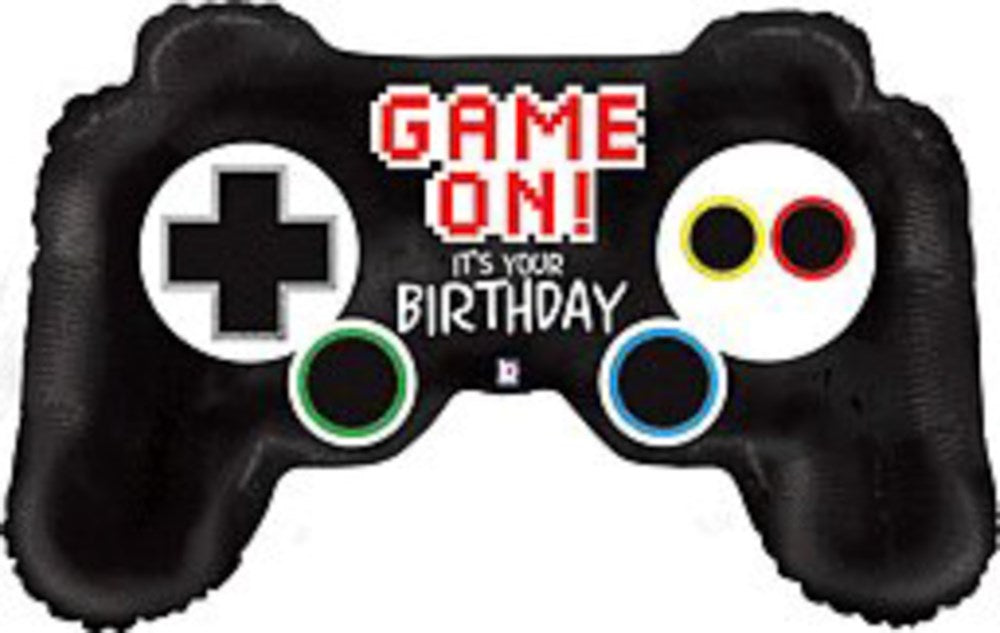 Black foil balloon shaped like a video game controller with colorful buttons and "GAME ON! It's Your Birthday" text.