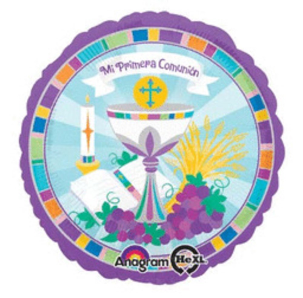 Round foil balloon in purple with colorful border, featuring chalice, cross, candle, wheat, grapes, and book for First.