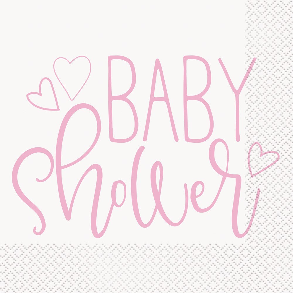 Pink baby shower luncheon napkin with hearts and decorative "Baby Shower" text in script font.