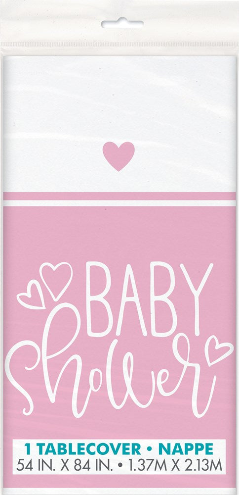 Pink and white rectangular plastic tablecover with "Baby Shower" text and heart designs, 54x84 inches.