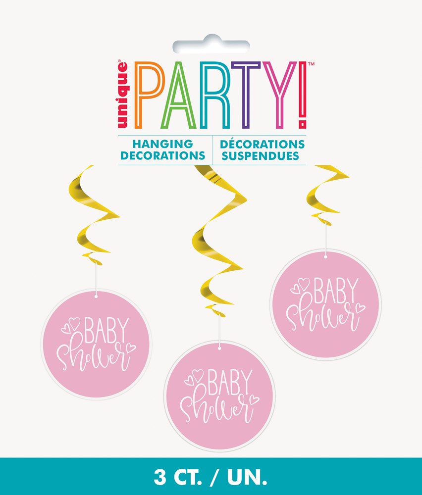 Three 26-inch pink swirl hanging decorations with hearts and "Baby Shower" text, gold spiral ribbons.