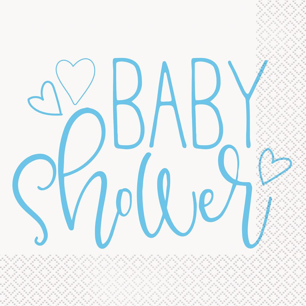 White paper luncheon napkin with blue script "Baby Shower" text and three blue heart outlines on the upper left and right.