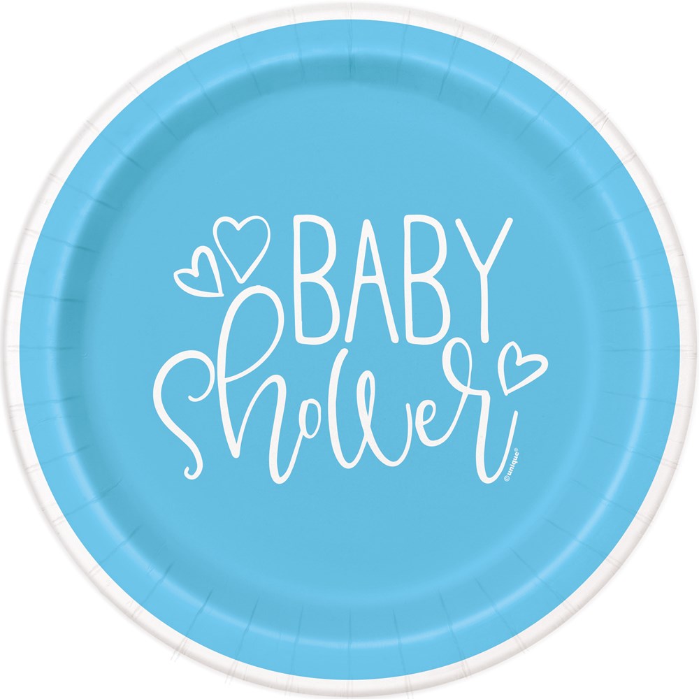 Blue round paper dessert plate with white "Baby Shower" text and heart graphics, 7-inch, pack of 8.