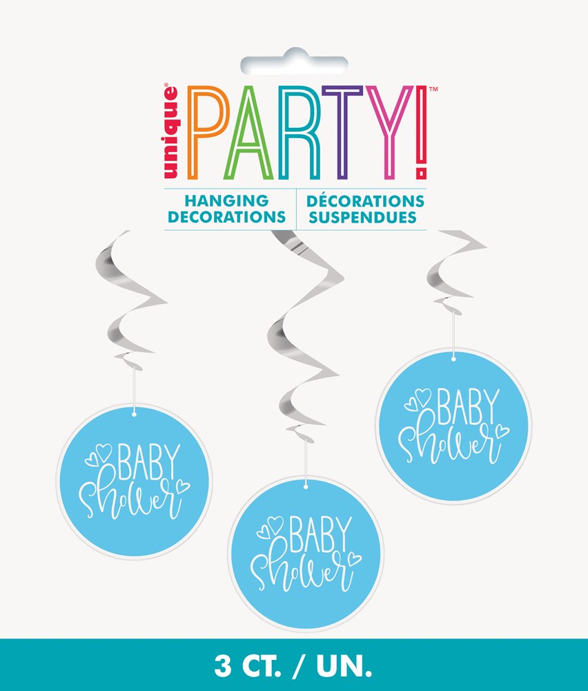Three 26-inch blue hanging swirls with round heart-shaped "Baby Shower" decorations in white script.