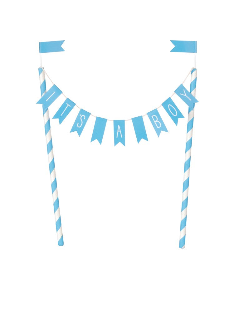 Blue and white striped bunting cake topper with "It's A Boy" letters on triangular flags and matching striped sticks with.