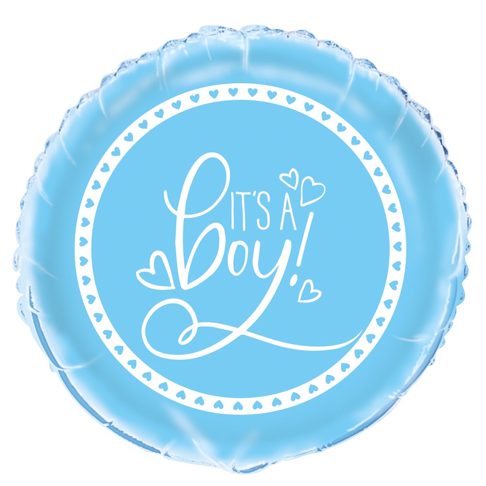 Round blue foil balloon with white text "It's a boy!" surrounded by small heart designs.